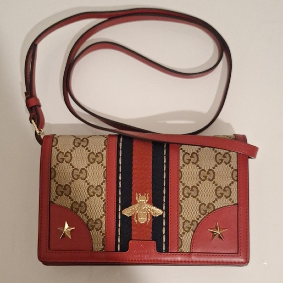 *AUTHENTIC* Gucci Leather Bee Web Wallet On A Strap - Picture 3 of 7